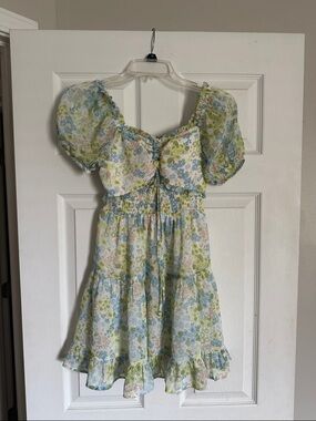 Floral Puff Sleeve Summer Dress in Blue & Green